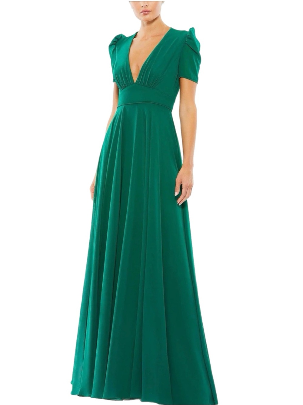 NWT IEENA for Mac Duggal $298 MSRP Empress Green Chiffon V-Neck Formal Gown